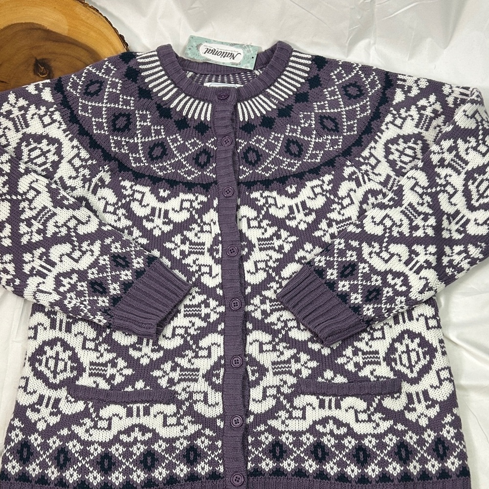 Vintage National Fair Isle cardigan sweater purple and white Women’s Size Medium